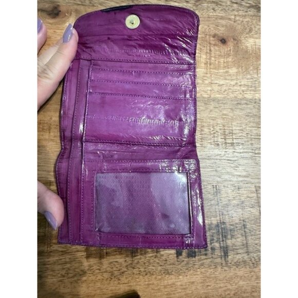 Genuine Eel Skin Leather Wallet Snap Flap Kisslock Fuchsia Pink Purple Coin Set - Picture 4 of 9
